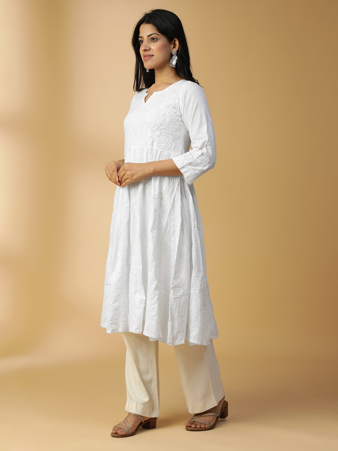 Hand Embroidered Lucknowi Chikankari Cotton Kali White Kurta with Mukaish Work CH0217A