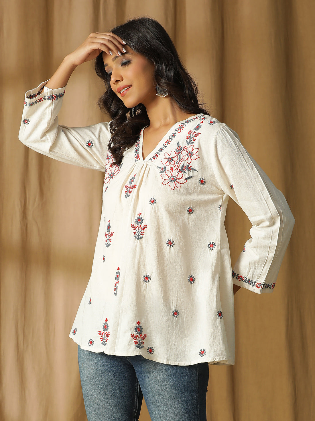 Chikankari Pintuck Sleeves Cotton Top