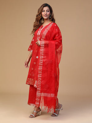 SEMAL HAND EMBROIDERED BANARSI CHANDERI RED COLOUR STRAIGHT KURTA SET