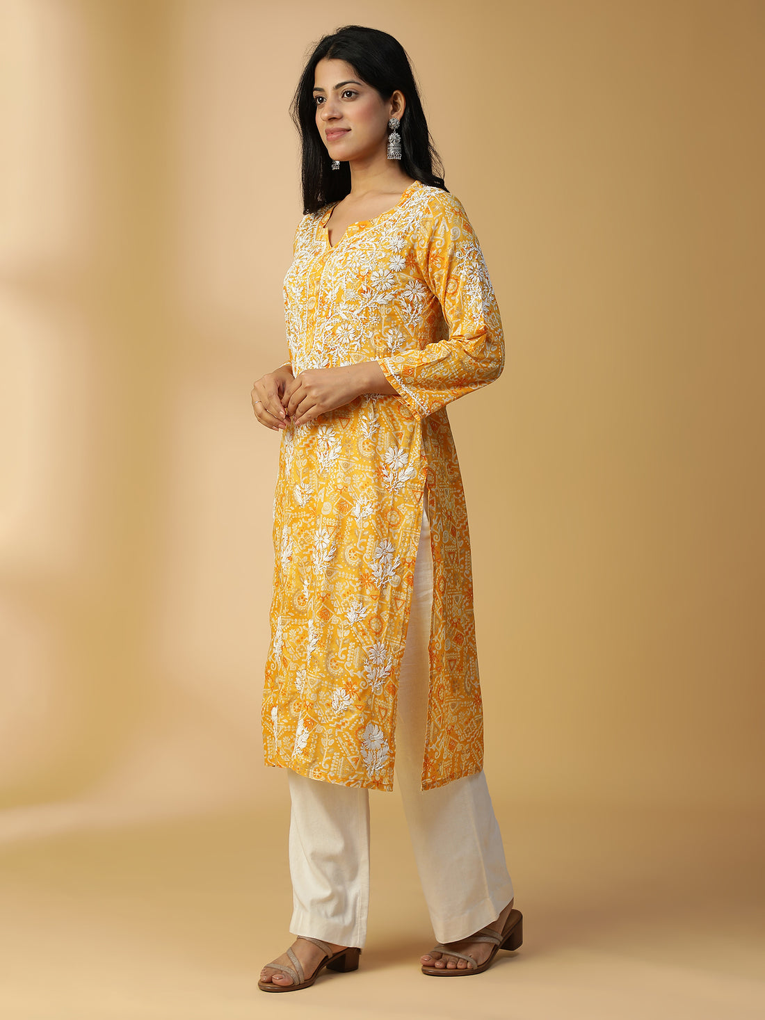 HAND EMBROIDERED GOLD YELLLOW COTTON LUCKNOWI CHIKANKARI PRINTED KURTA CH0156