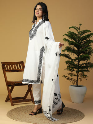 Hand Embroidered Cotton Dobby Lucknow Chikan Black & White Kurta Set CH0215