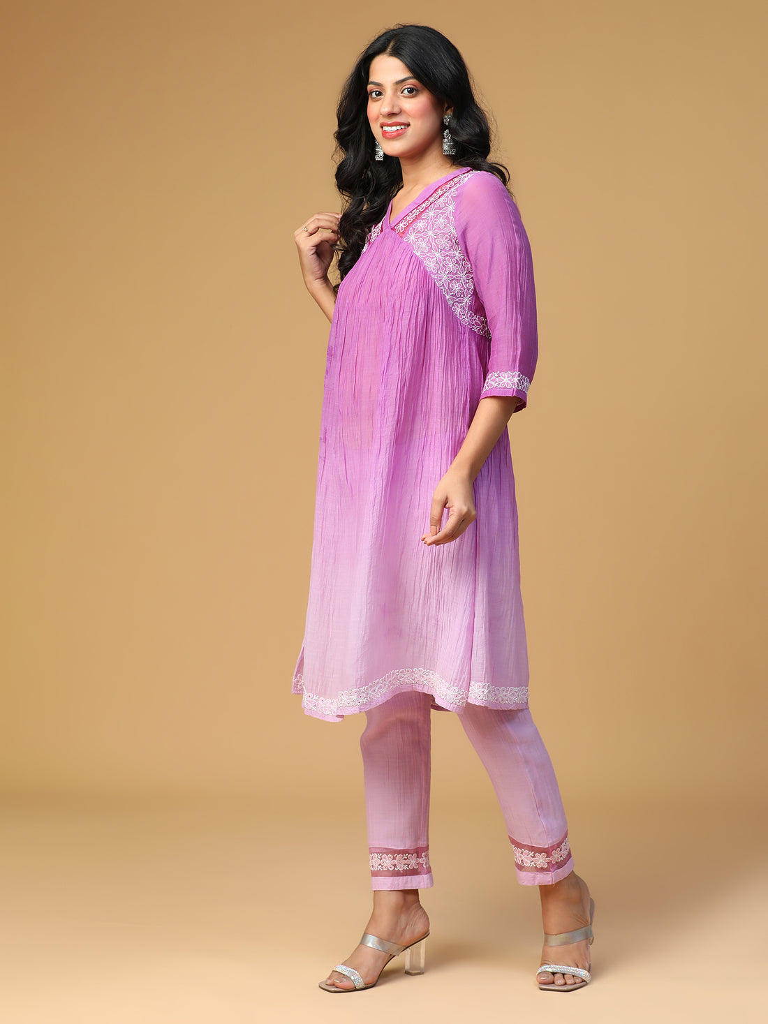 Mul Chanderi yoke gathered organza lace detailing purple chikankari work kurta set