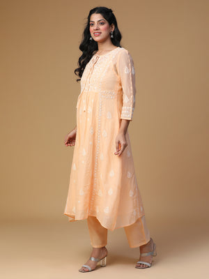 Semal Hand Embroidered Peach Glow Festive Mul Chanderi Chikankari Kurta Set