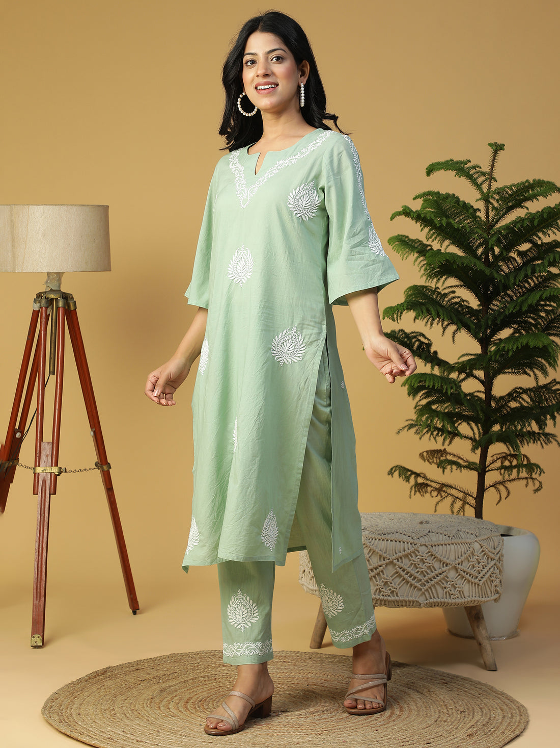 Hand Embroidered Basil Green Cotton Lucknowi Chikankari Yoke Design Kurta With Pants CH0247