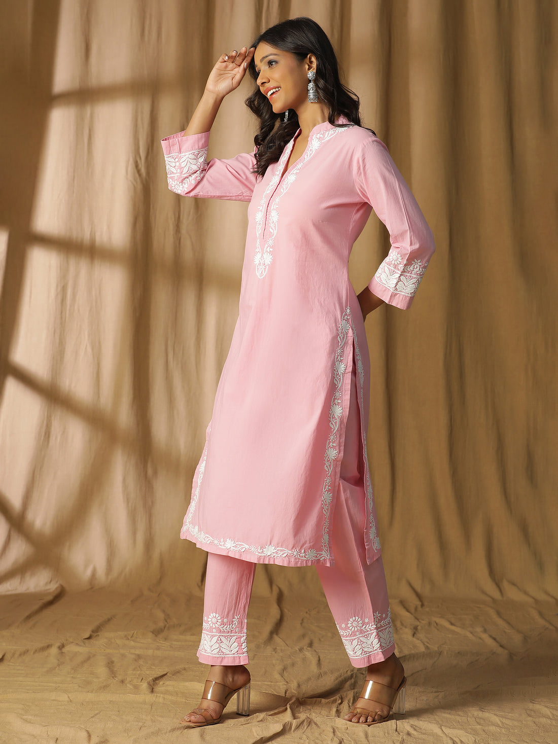 Chikankari Pink Candy Mandarin Cotton Kurta Set