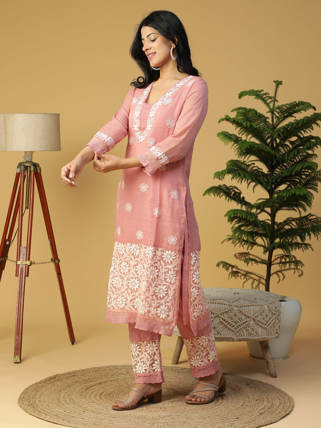 Hand Embroidered Lucknowi Chikankari Straight with Organza Border Kota Kurta With Pants CH0229/0125