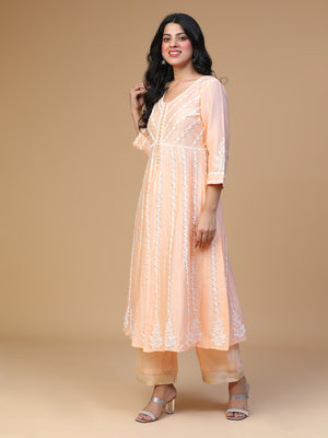 Semal Hand Embroidered Chanderi Silk  Peach Lucknow Chikankari Front Slit Kali Kurta With Mukaish Work