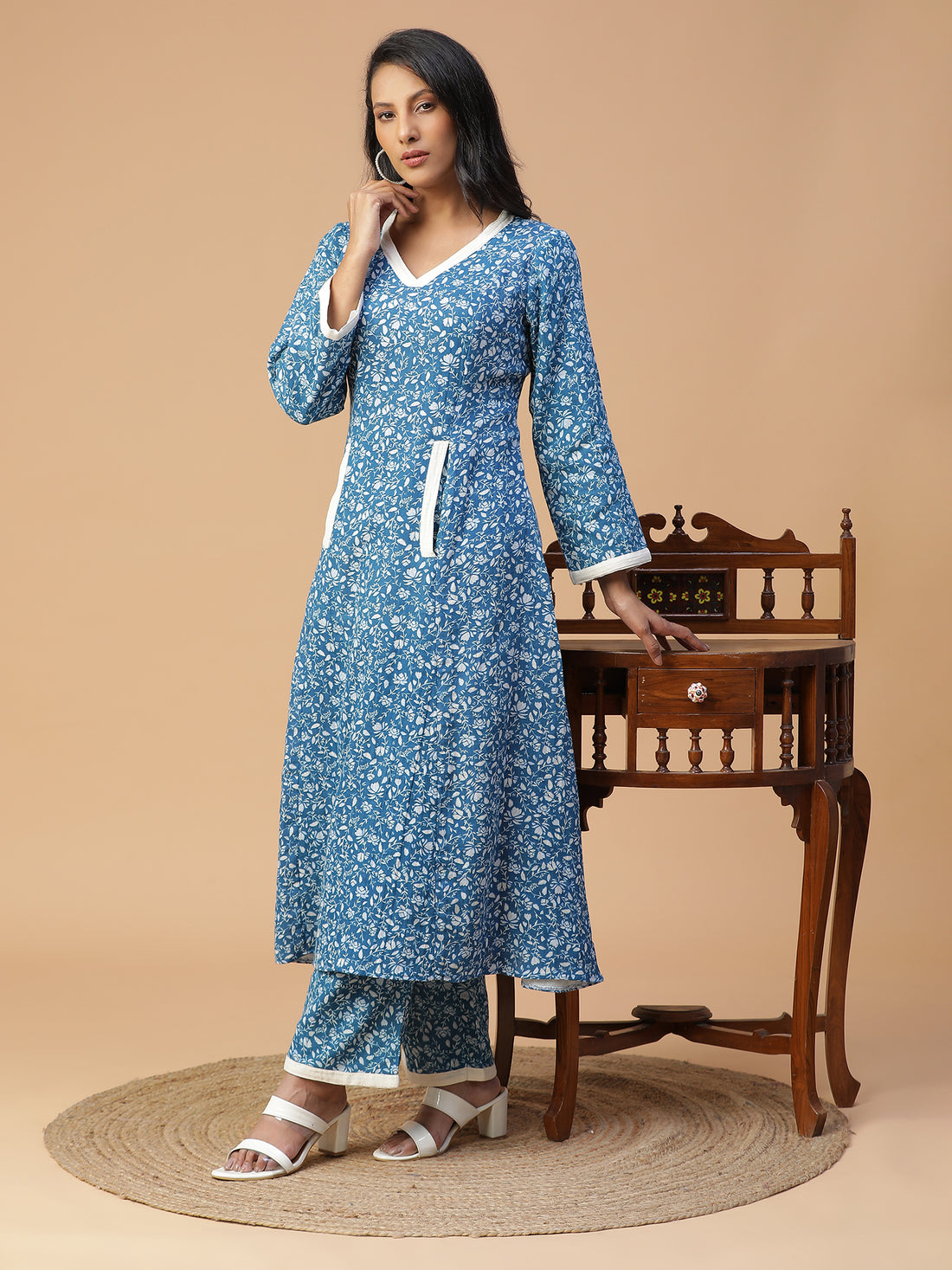 TEAL COTTON PRINTED KURTA SET