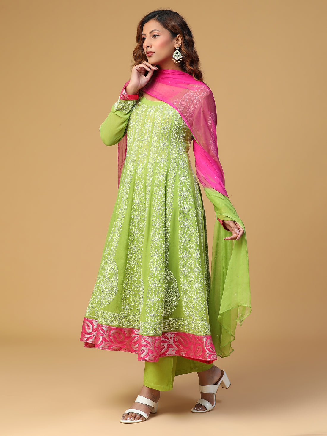 Semal Hand Embroidered Georgette Parrot Green Anarkali Chikankari Kurta with Dupatta Set