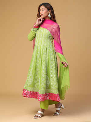 Semal Hand Embroidered Georgette Parrot Green Anarkali Chikankari Kurta with Dupatta Set