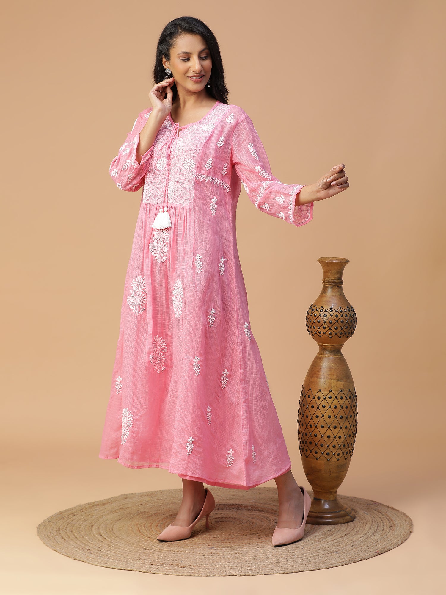 Chikankari Pink Kota Cotton Kurta with Neck Dori Delight