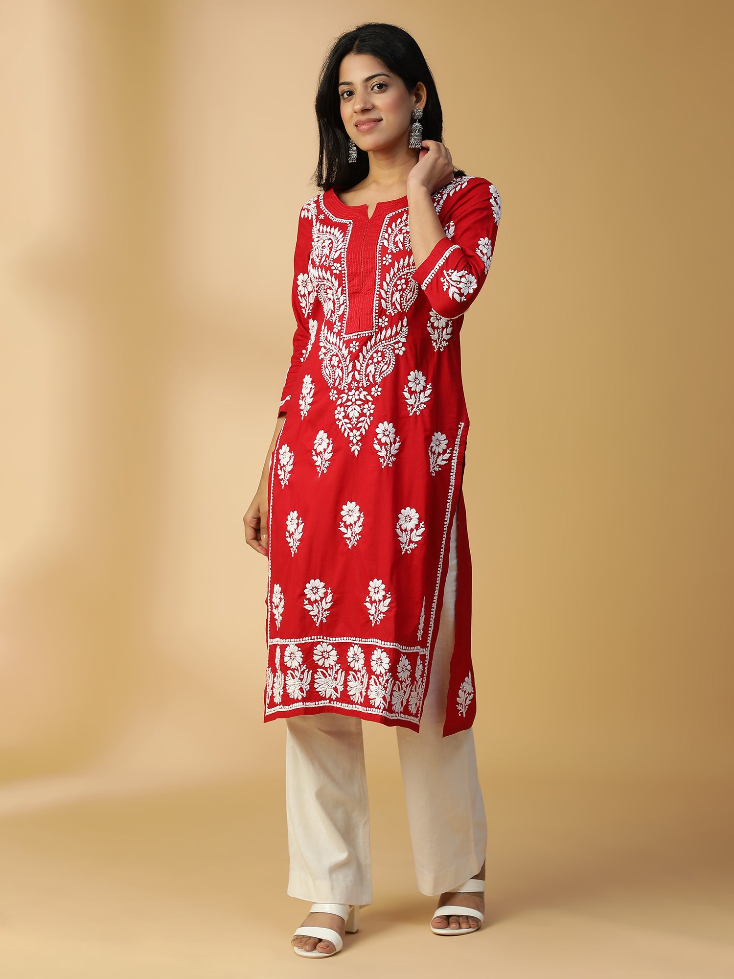 Hand Embroidered Graceful Red Lucknowi Chikankari Cotton Straight Kurta CH0154