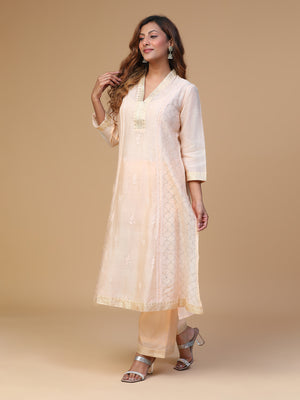 Chikankari Chanderi Kurta Set with Mukaish Embroidery Work