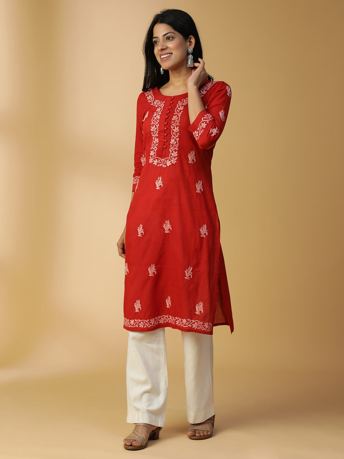 Hand Embroidered Lucknowi Chikankari Cotton Red Straight Kurta CH0002B