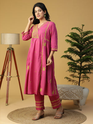 Hand Embroidered Magenta Cotton Lucknowi Chikankari Angrakha Neck Side Gathered Kurta With Pants CH0232