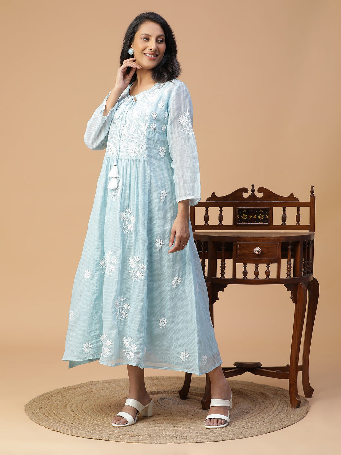 Chikankari Powder blue Kota Cotton Kurta with Neck Dori Delight