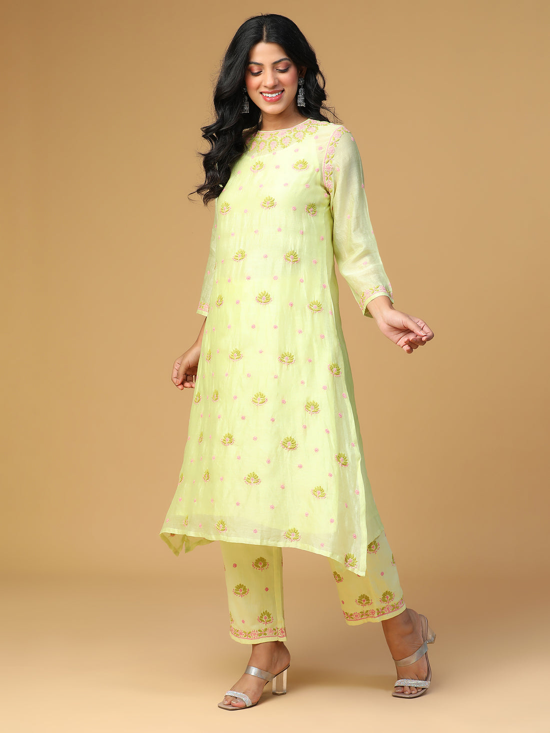 Semal Hand Embroidered Chanderi Pishta Green Lucknow Chikankari Straight Kurta Set