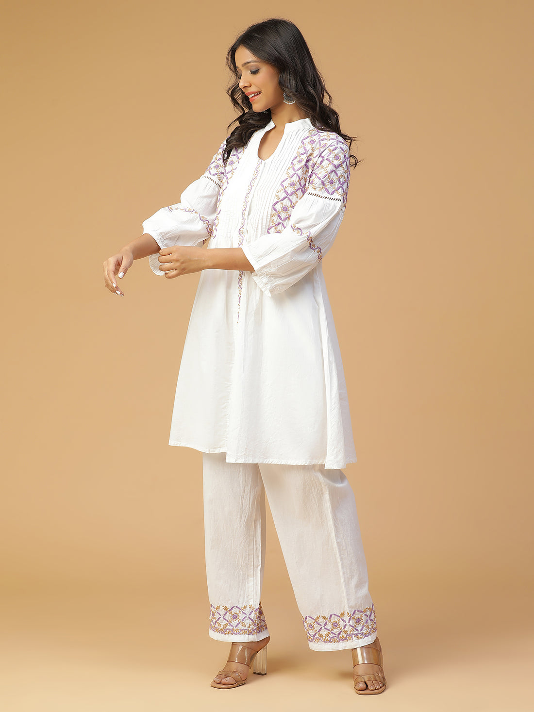 Chikankari front open kurta with jaali lace Detailing Co-Ord Set