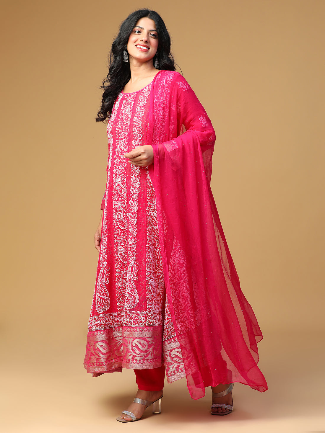 Georgette Anarkali Kurta Set with Chikankari and Mukaish Embellishments