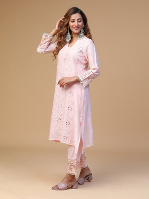 Semal Hand Embroidered Baby pink Chanderi V-Neck with Organza Border Lucknowi Chikankari Kurta Set CH0062