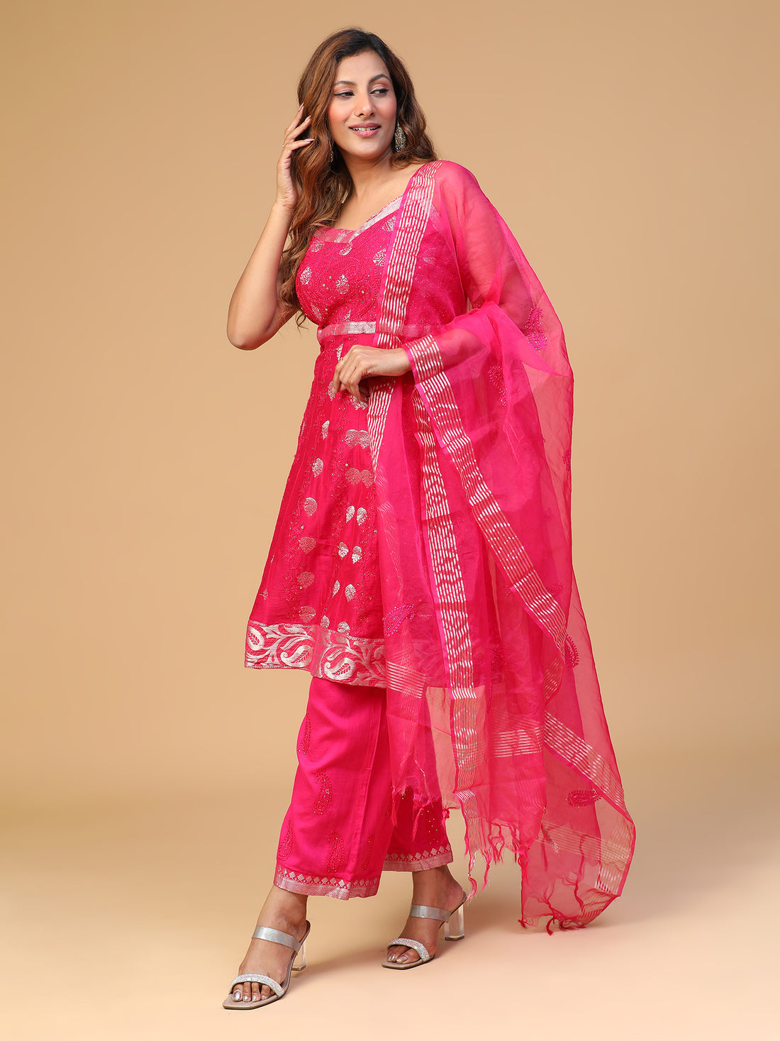 CHIKANKARI CHANDERI SPAGHETTI KURTA WITH DUPATTA AND PANTS SET