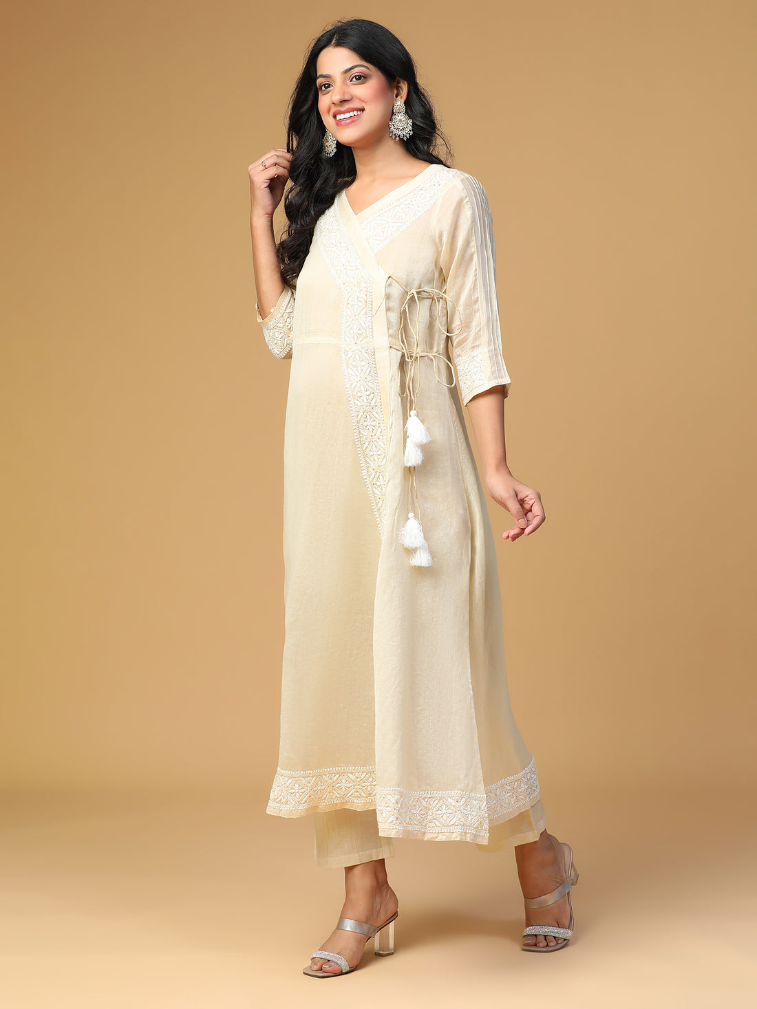 Semal Hand Embroidered Chanderi Charm Light Beige Angrakha Lucknow Chikankari Kurta Set