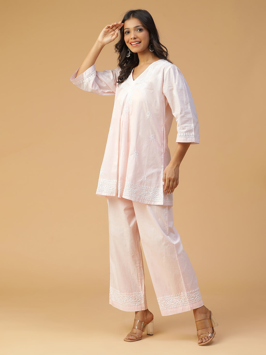 CHIKANKARI COTTON CO-ORD SET WITH BACK BOX-PLEATED TOP