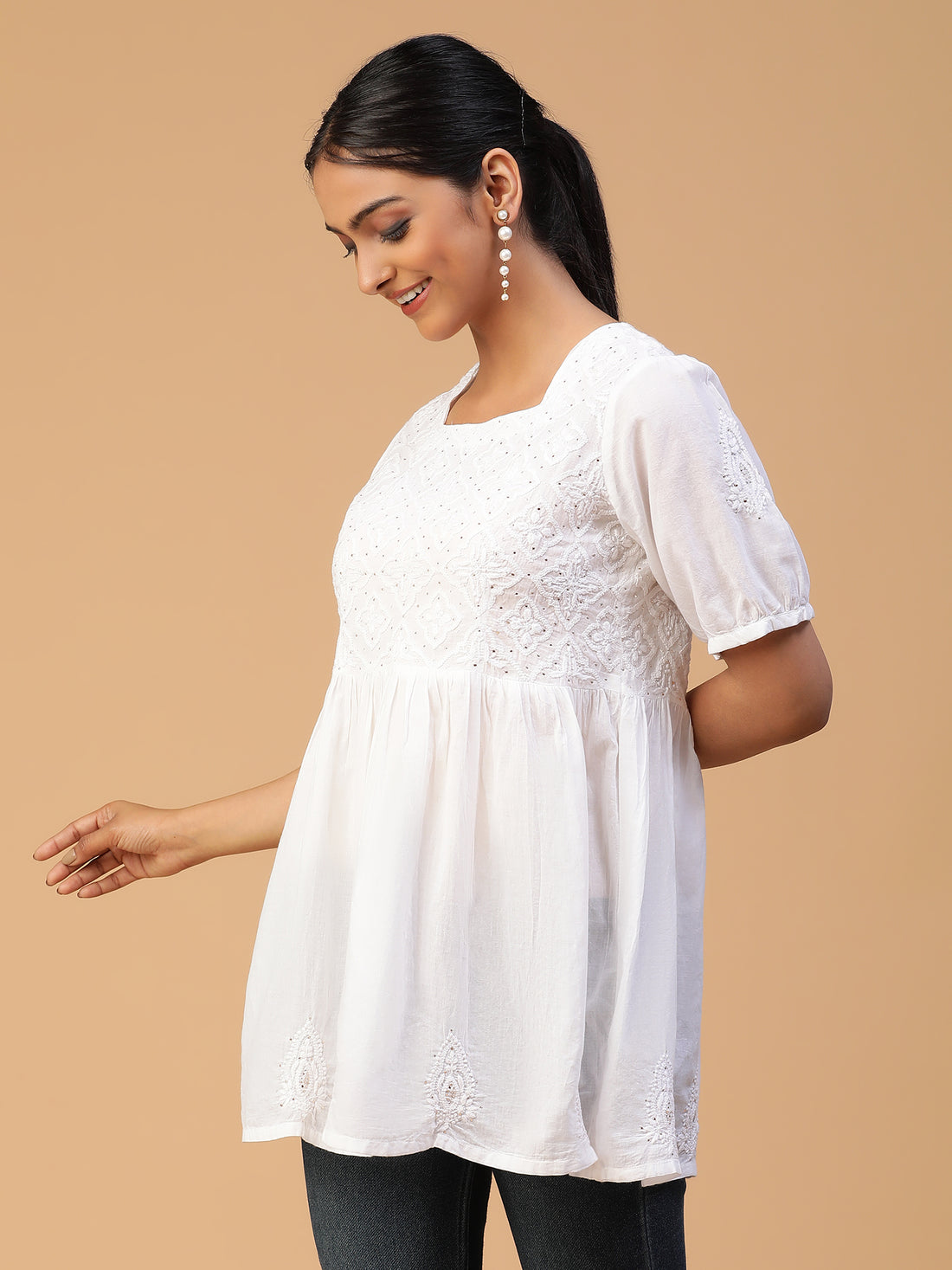 Breezy Charm Chikankari Handloom Mulmul Cotton Waist Gather Short Top