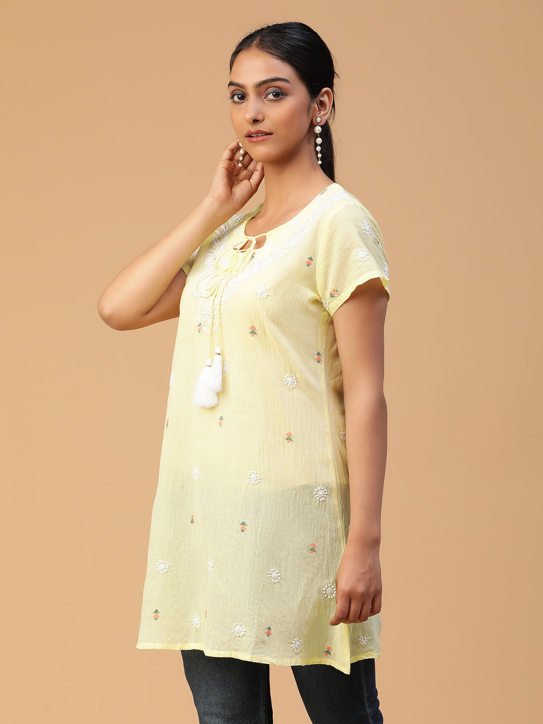 Yellow Bliss Lucknowi Chikankari Handloom Jamdani Top