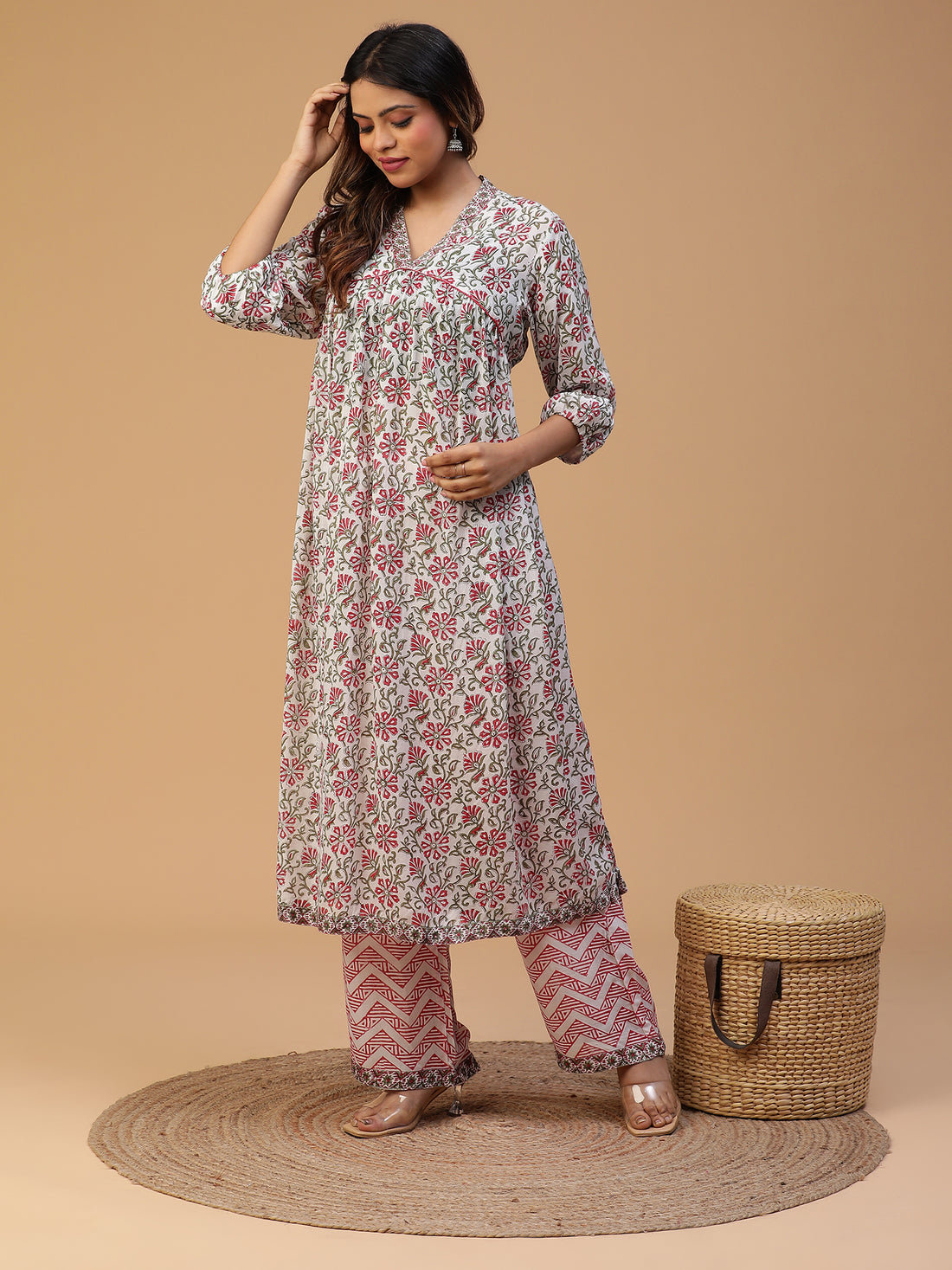 Hand Block Printed White A-line Kurta With Pants Set Blk_002