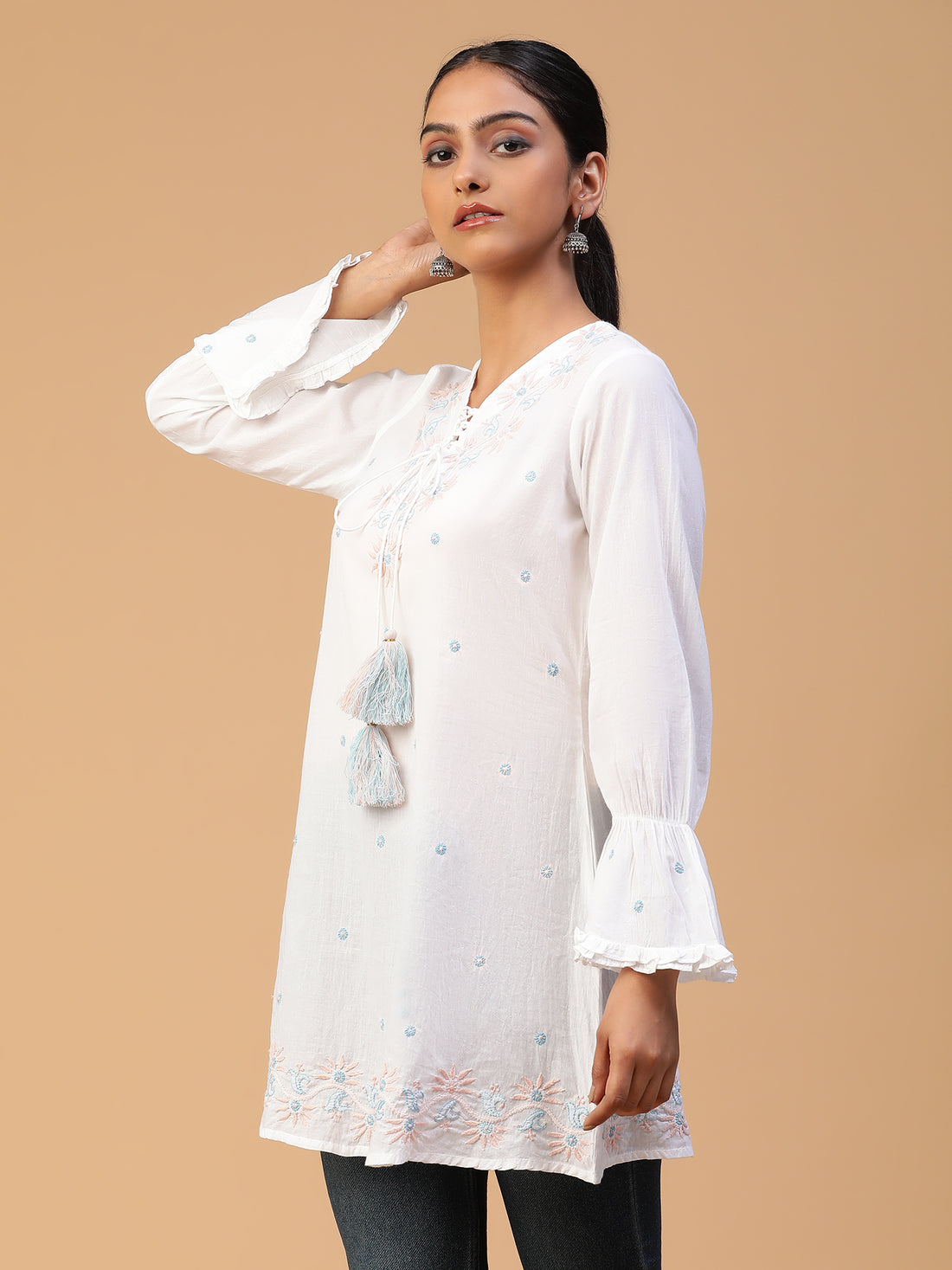 Chikankari Handloom Mulmul Cotton Top with Neck Dori Detailing