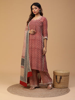 Hand Block Printed Maroon Straight Kurta With Pants And Dupatta Set Blk_001