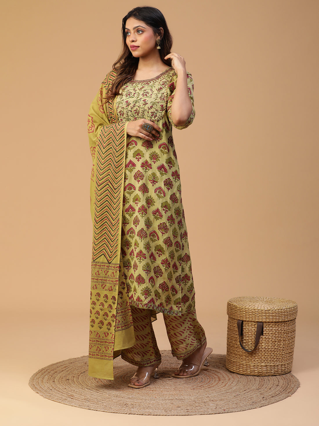 Hand Block Printed Olive Green Straight Kurta With Pants And Dupatta Set Blk_010