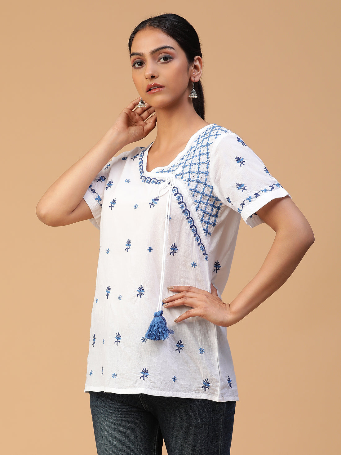 Chikankari Handloom Mulmul Top with Angrakha Neckline