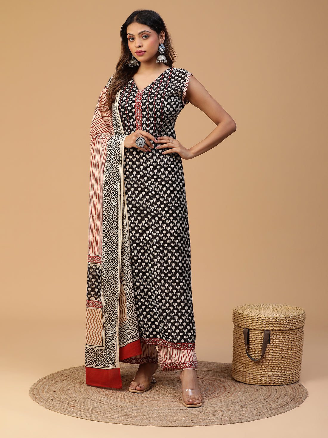 Hand Block Printed Black Straight Sleeveless Kurta With Pants and Dupatta Set Blk_003