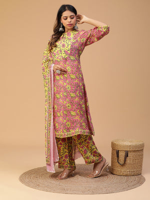 Hand Block Printed Pink A-line Yoke Kurta With Pants and Dupatta Set Blk_004