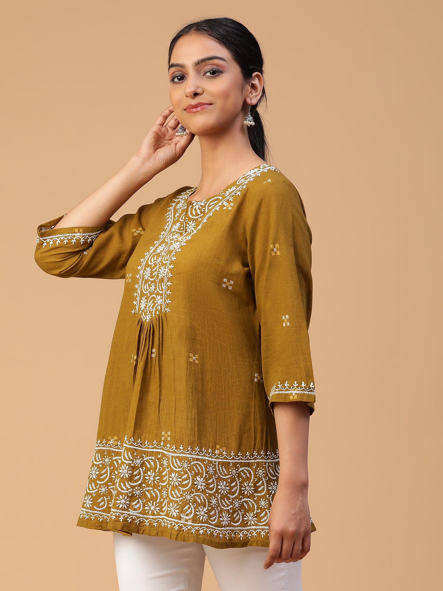 Semal Lucknow Chikankari Beige dream Handloom Jamdani Top