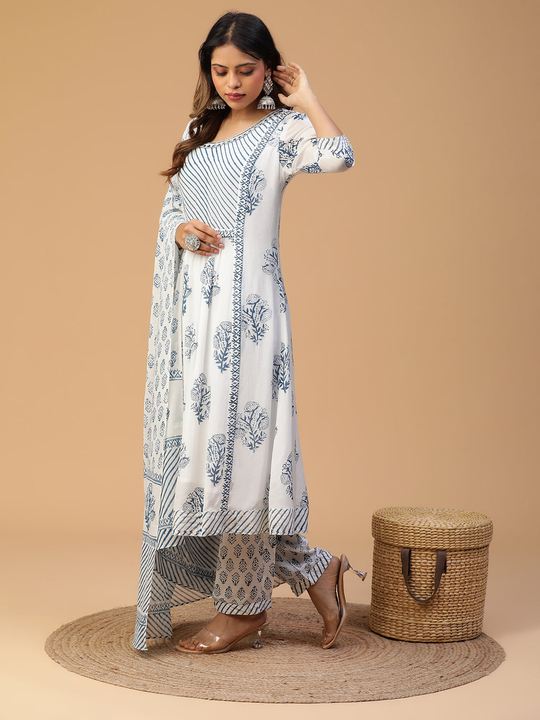 Hand Block Printed White A-line Gathered Kurta With Pants and Dupatta Set Blk_005