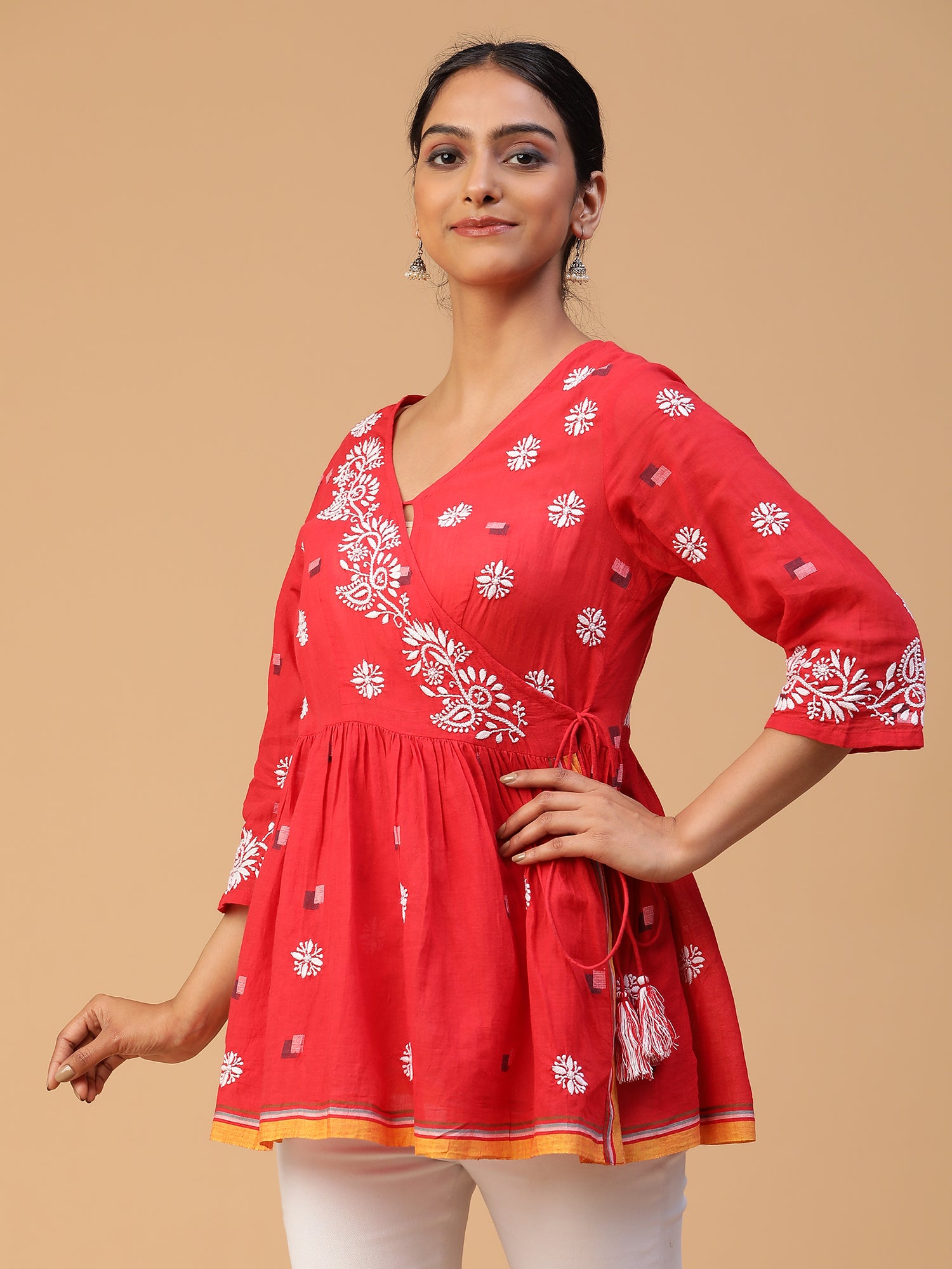 Red Radiance: Chikankari Handloom Jamdani Top