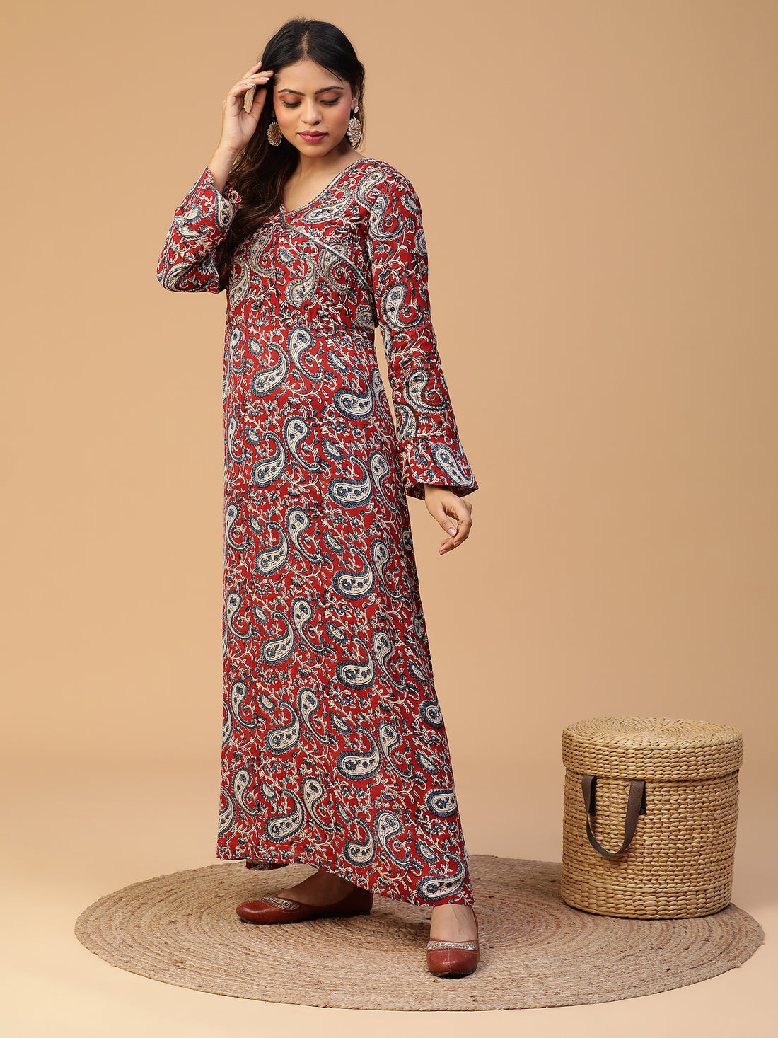 Hand Block Printed Maroon Long Dress  Blk_006