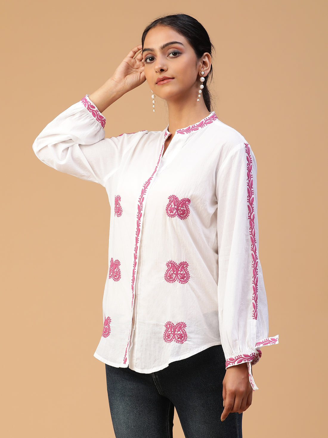 Chikankari Handloom Mulmul Cotton Shirt with Cuff Sleeves