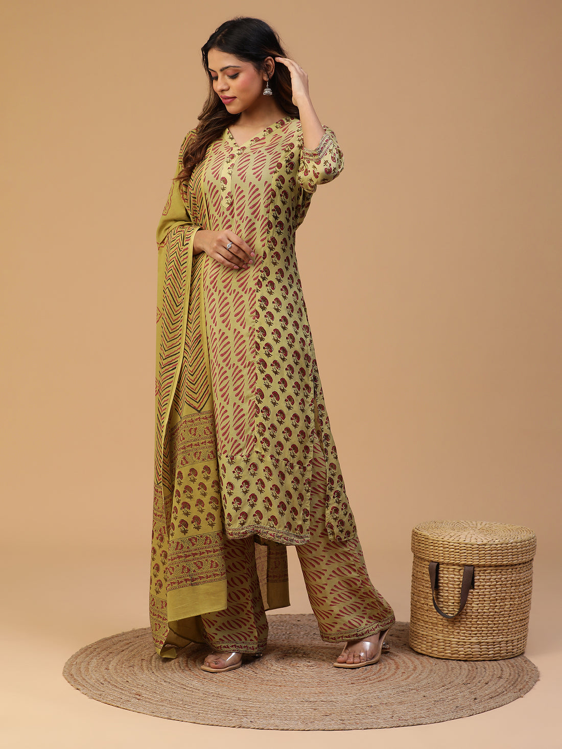 Hand Block Printed White A-line Gathered Kurta With Pants and Dupatta Set Blk_008