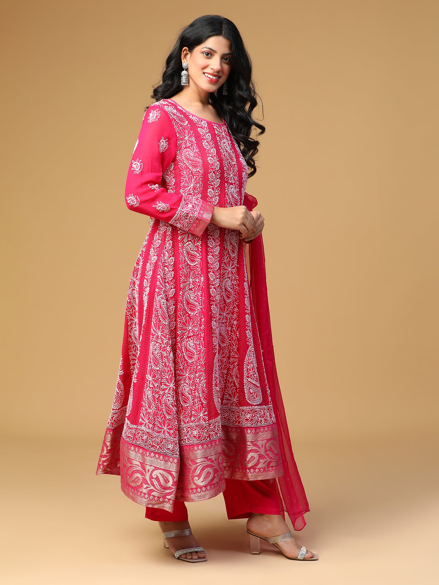 Georgette Anarkali Kurta Set with Chikankari and Mukaish Embellishments