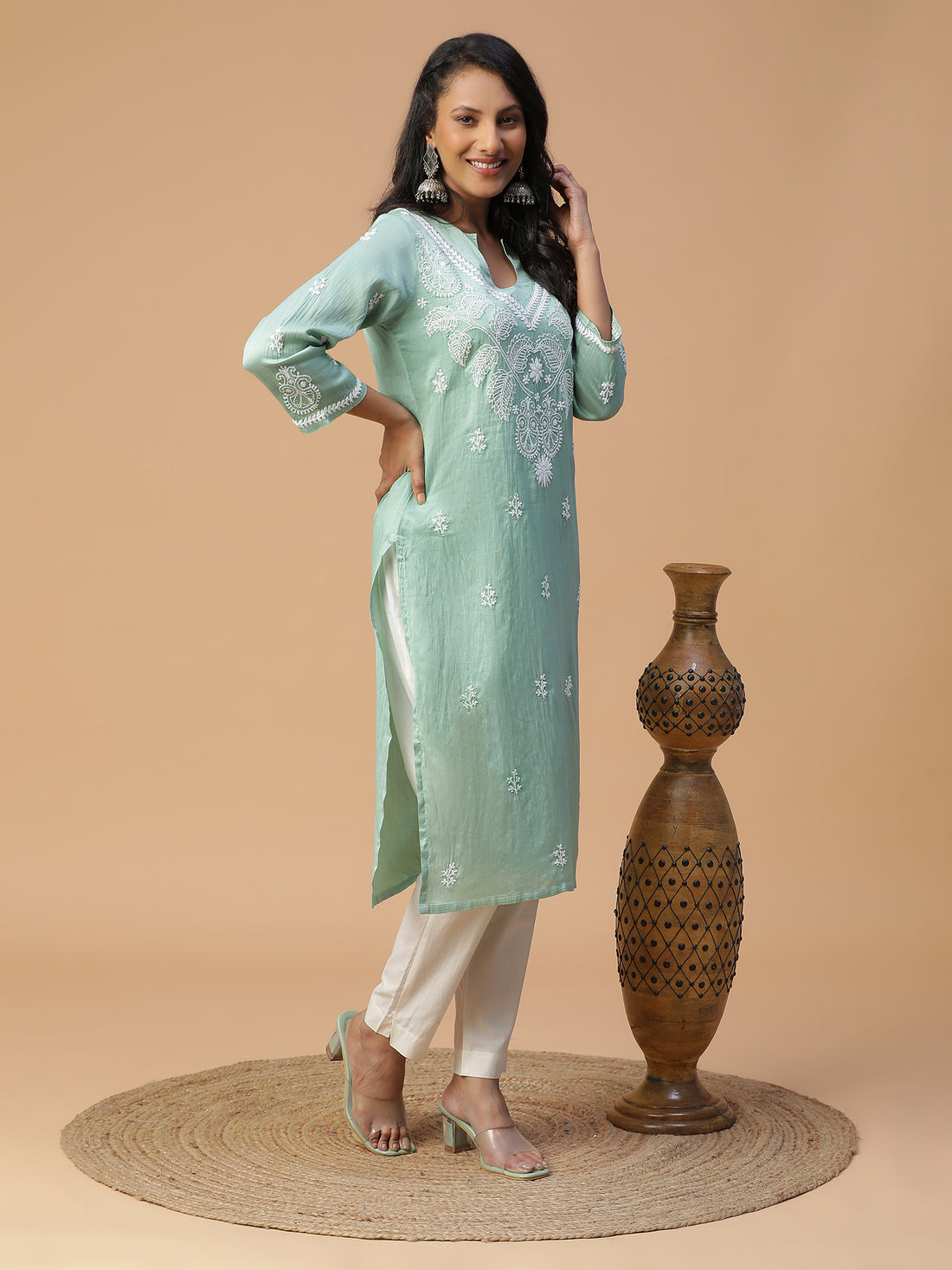 Semal Hand Embroidered Green Chanderi Lucknowi Chikankari Straight Kurta CH0016