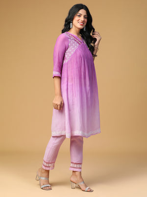 Mul Chanderi yoke gathered organza lace detailing purple chikankari work kurta set