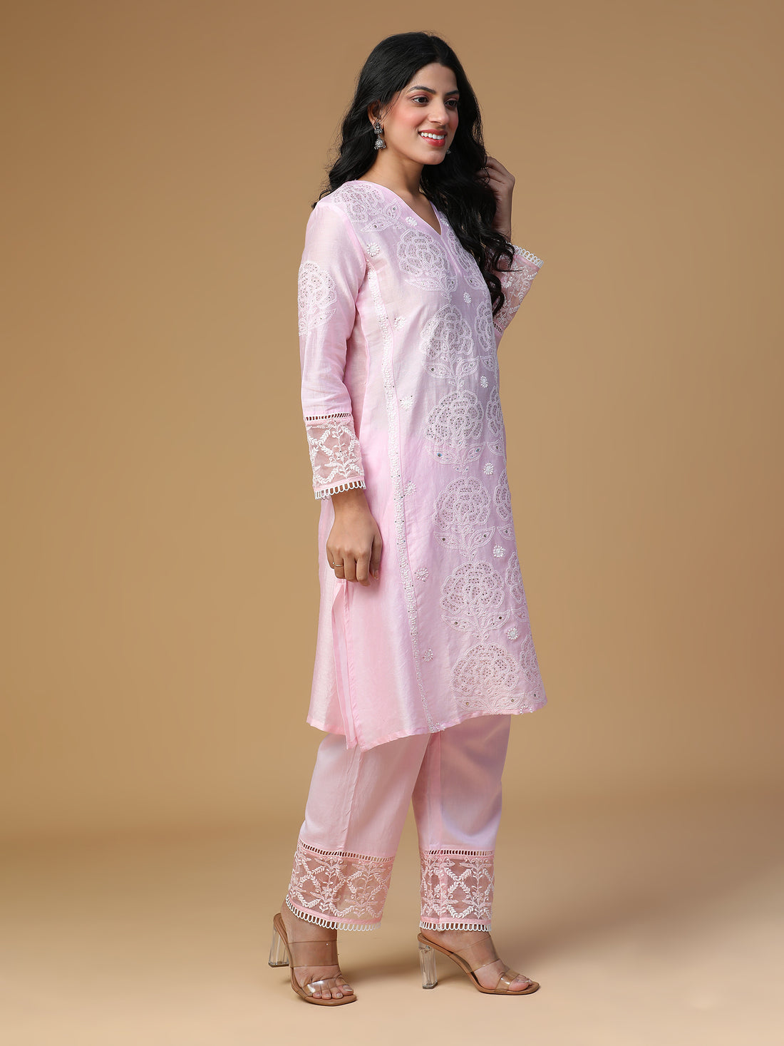 Semal Hand Embroidered Chanderi Rose Pink Colour Lucknow Chikankari with Mukaish work Kurta Set