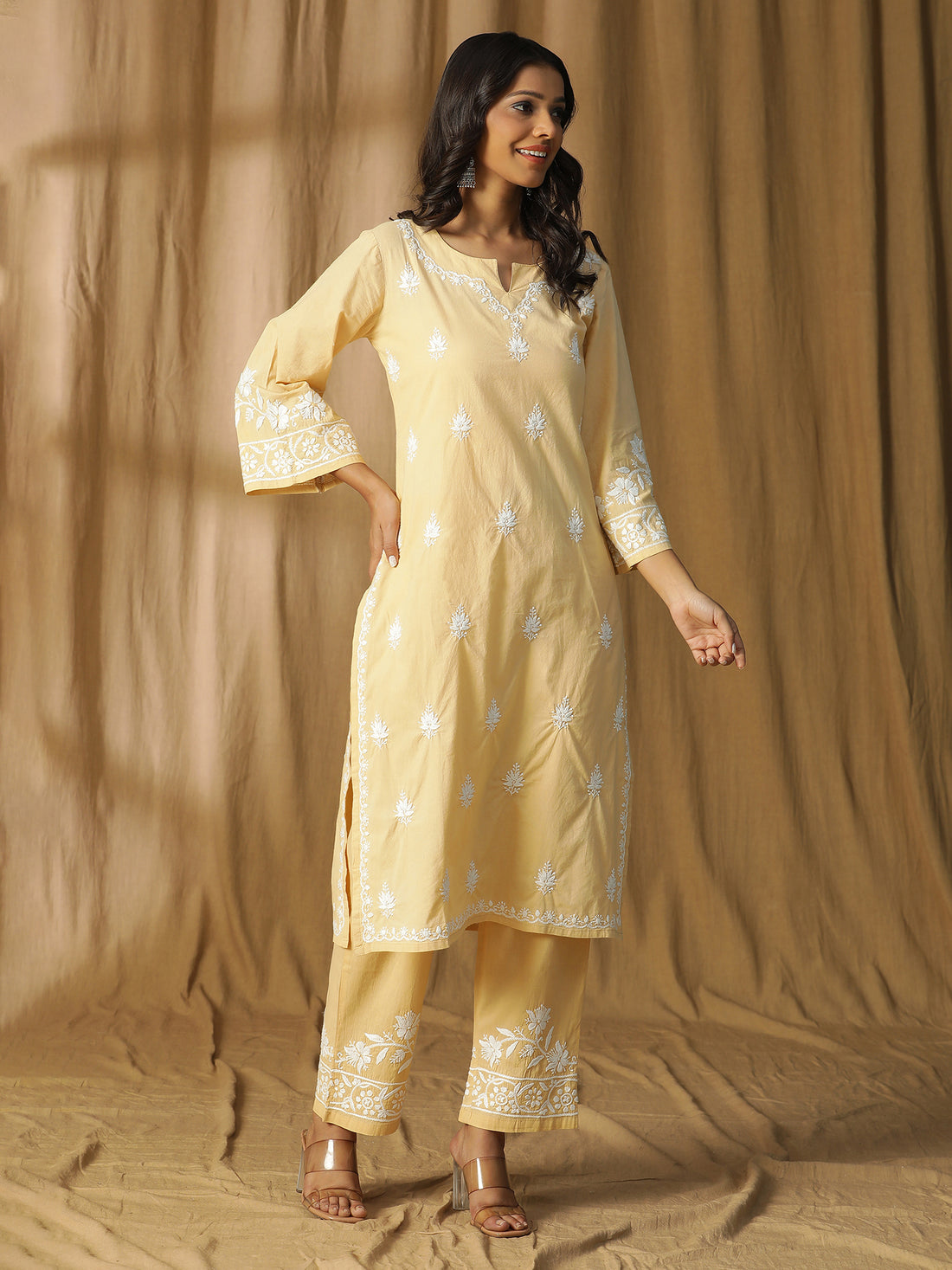 Light Beige Cotton Kurta Set with Subtle Chikankari Embellishments