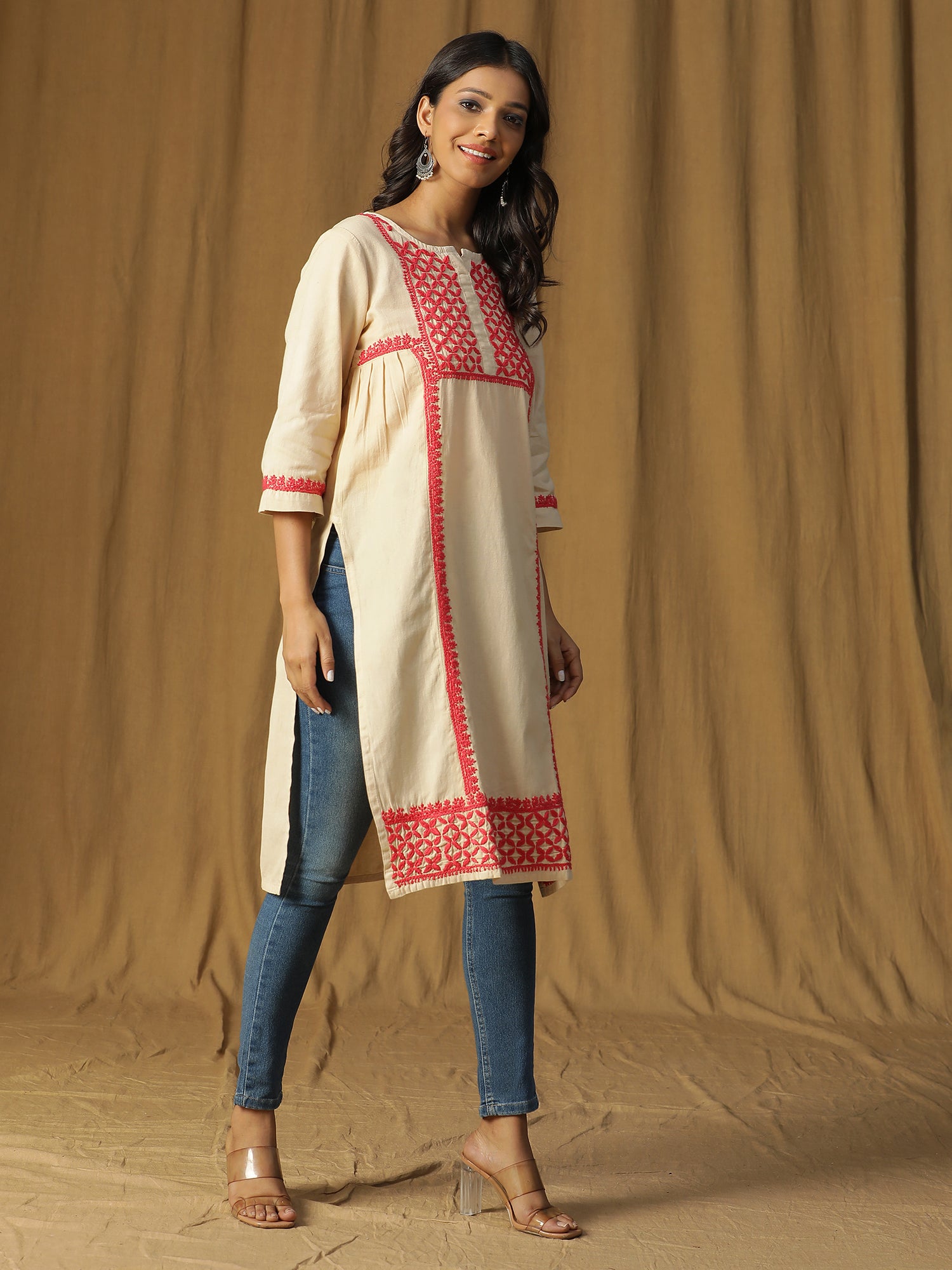 Chikankari Cotton Linen Side Pleats Tunic