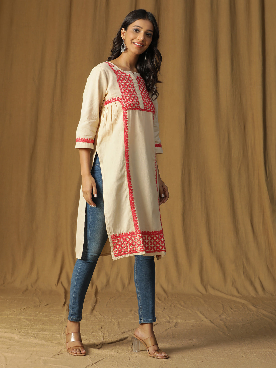 Chikankari Cotton Linen Side Pleats Tunic