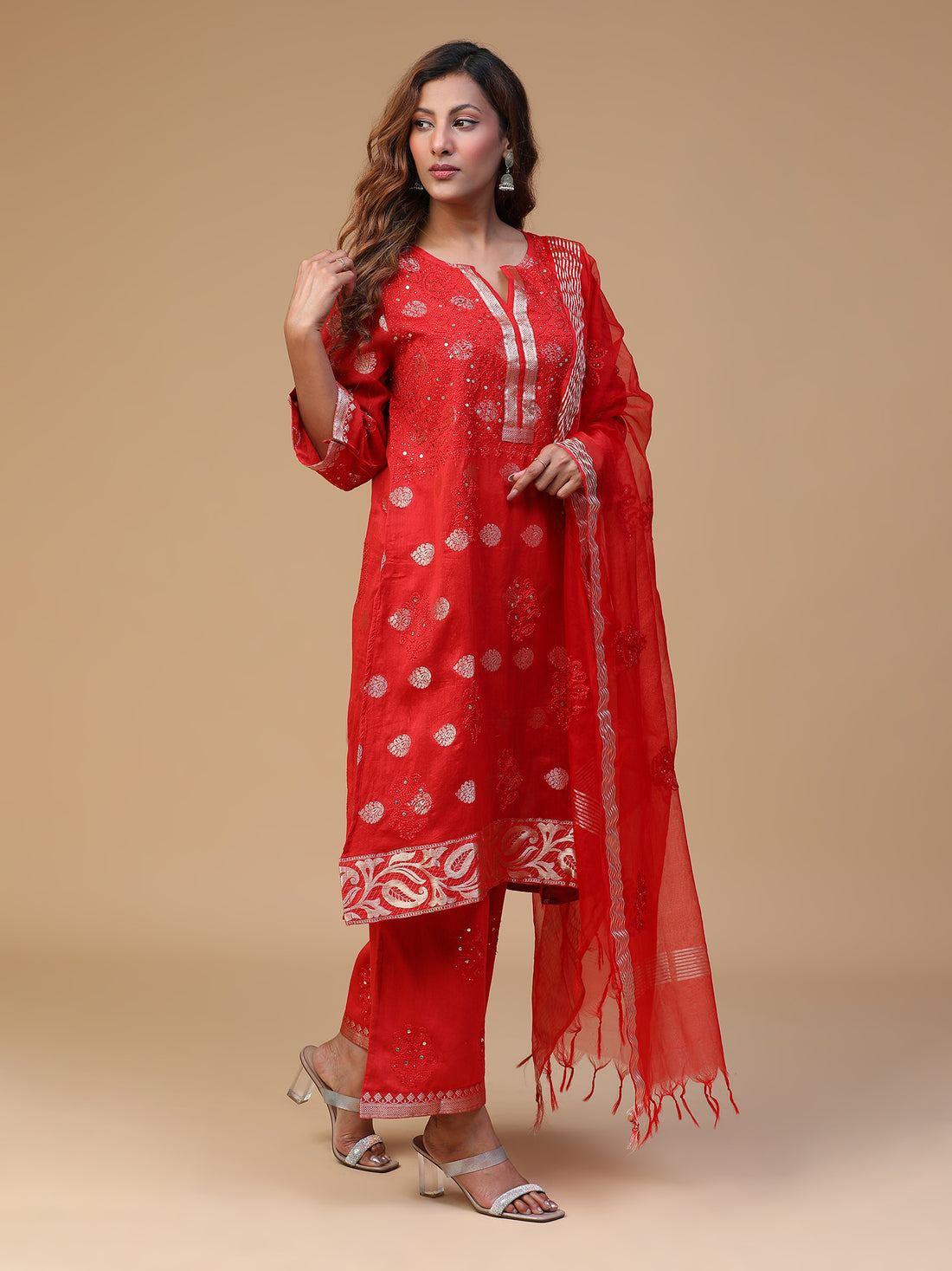 SEMAL HAND EMBROIDERED BANARSI CHANDERI RED COLOUR STRAIGHT KURTA SET